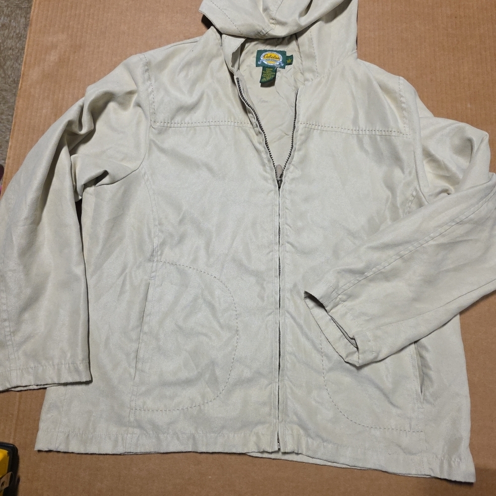 Cabela's Jacket Women Size L Tan Suede Long Sleeve Full Zip Hooded Lined